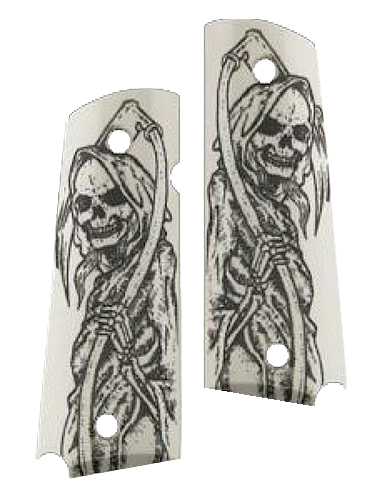 Hogue 45029 Scrimshaw Grip  Abmi-Cut Ivory with Full Body Grim Reaper Polymer for 1911 Government