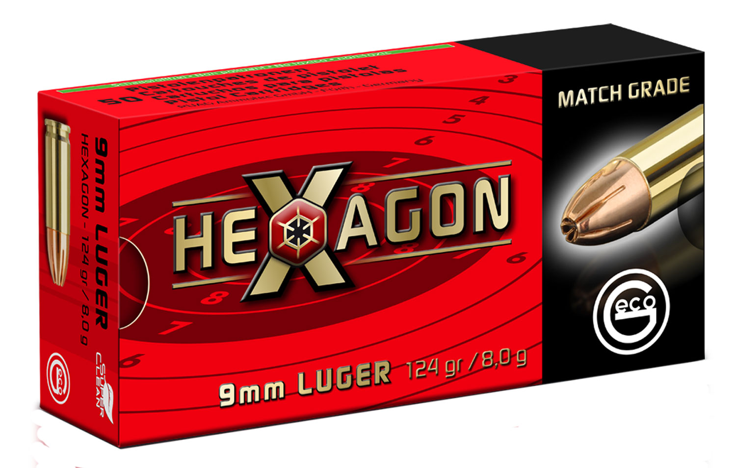 289140050 Hexagon Geco 
9mm Luger 124 GR Hexagon 50 Bx/ 20 Cs