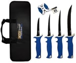 AccuSharp 737C Knife Kit  4.75/5.50/6.50/8 Inch Fixed Fillet Plain Satin Stainless Steel Blade/ Blue Non-Slip Grip TPR Handle Includes 2-Step Sharpener | 015896007378