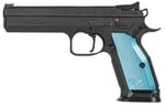 CZUSA 01220 TS 2  9mm Luger 101 5.28 Inch Black Steel Barrel, Black Nitride Serrated Slide, Black Steel Frame w/Beavertail, Blue Textured Aluminum Grip | 9x19mm NATO | 806703012209