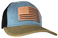 Outdoor Cap Heathered Grey/Blk/ Old Gold Trucker w/USA Flag Leather Patch | 885792849675