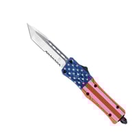 SMALL USA CTK1 TANTO SERRSmall CTK1 Cerakote Tanto  Serrated edge  2.75 Inch D2 Steel blade  American Flag Highgrade aluminum alloy handle  Pocket Clip  Glass breaker  4.50 oz  9.5 Inch Overall length  Dual Action OTF Inch Overall length  Dual Action OTF | 099654023039