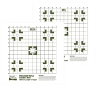 TARGET 100 YRD SIGHT PRECSN RIFLE TN/GRNAR15 SightIn Target MOA  MIL 10 Inch x 10 Inch  10 PK  Standard MOA with grid feedback in click amount and direction  Optic click value 1/8, 1/4  25/50yard MOA click value chart  Fixed/Flip up sight click chartclick value chart  Fixed/Flip up sight click chart | 843119034494