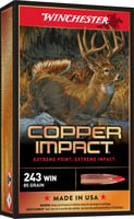 Winchester Ammo X243CLF Copper Impact  243 Win 85 gr 3260 fps Copper Extreme Point Lead-Free 20 Bx/10 Cs | 002089222418