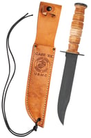 Case 00334 USMC  7 Inch Fixed Clip Point Plain Blackened 1095 Carbon Steel Blade Grooved Leather Handle | 021205003344