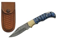 SZCO RITE EDGE 3 Inch BLUE GROOVED WOOD DAMASCUS LOCKBACK W/SHTH | 801608013030