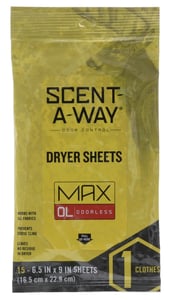 HS DRYER SHEETS SCENT-A-WAY MAX ODORLESS 6.5 InchX9 Inch 15PK | 021291077076