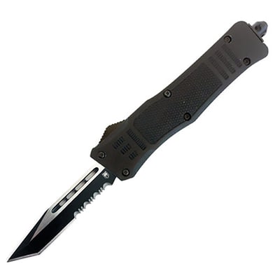 Small 2.75 Inch Tanto SL/Part Serrated Black Handle OTF, D2 Steel, Hard Plastic case, Nylon Pouch | 099654021844