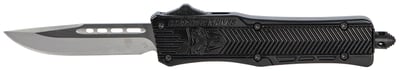 Small 2.75 Inch Drop Point SL/Plain Edge Black Handle OTF, D2 Steel, Hard Plastic case, Nylon Pouch | 099654021813