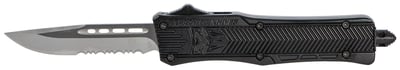 Small 2.75 Inch Drop Point SL/Part Serrated Blk Handle OTF, D2 Steel, Hard Plastic case, Nylon Pouch | 099654021820
