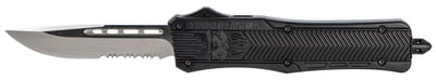 Medium 3 Inch Drop Point SL/Part Serrated Black Handle OTF, D2 Steel, Hard Plastic case, Nylon Pouch | 099654023299