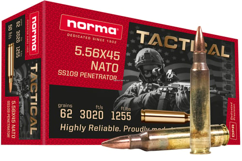 Norma 395341000 Rifle Ammo 5.56 Tactical 62gr Penetrator (SS109) 20