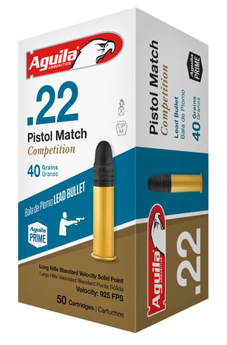 Aguila 1B220516 Competition Pistol Match 22 LR 40 gr Lead Solid Point 50 Per Box/100 Cs