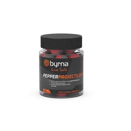 PEPPER PROJECTILES 25CTPepper Projectiles Black/Red - 25/CT - Byrna Pepper Projectiles contain a blendof Oleoresin Capsicum (OC) + PAVA making it one of the most powerful pepper projectiles on the marketectiles on the market