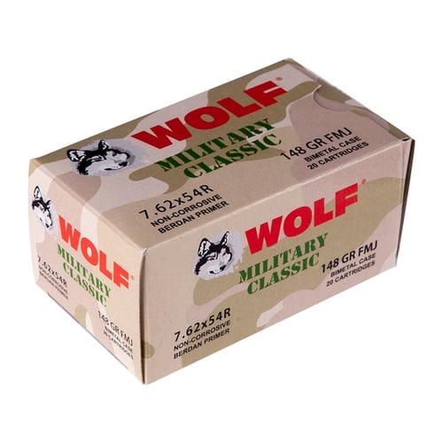 Wolf Military Classic Rifle Ammunition 7.62x54R 148gr FMJ  2740 fps 20/ct | 645611541094
