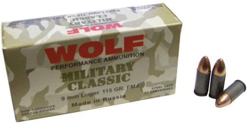 Wolf Miltary Classic Handgun Ammunition 9mm Luger 115 gr FMJ 1150 fps 50/box