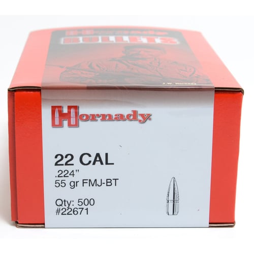 Hornady Traditional / FMJ Rifle Bullets .22 cal .224 55 gr FMJ-BT With Cannelure W/C - 500/Box | 090255226713
