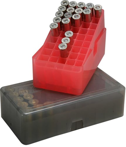 E50 SER LGE HNDGN AMMO BOX 50RD - CL SMK50 Round Slip-Top Handgun Ammo Box.44 Spec., .44 Mag., .45 Auto., .45 L Colt - Clear Smoke Square holed two-piece box - Slip top lid makes them ideal for storing and transporting reloads - Polypropylene constructiong and transporting reloads - Polypropylene construction