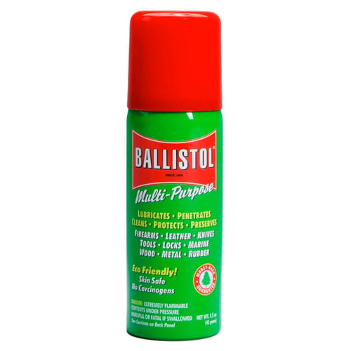 BALLISTOL AEROSOL CANS 1.5OZMulti-purpse Gun Oil 1.5 oz. Aerosol Cleans and removes all types of bore fouling - Due to its slight alkalinity, Ballistol neutralizes and dissolves black powder and corrosive ammo residue - As a lubricant, Ballistol will never gum up or her and corrosive ammo residue - As a lubricant, Ballistol will never gum up or hardenarden