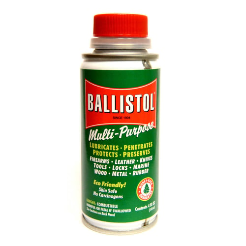 BALLISTOL LIQUID CANS 4OZMulti-purpose Gun Oil - 4 Oz. Liquid Cleans and removes all types of bore fouling - Due to its slight alkalinity, Ballistol neutralizes and dissolves black powder and corrosive ammo residue - As a lubricant, Ballistol will never gum up or her and corrosive ammo residue - As a lubricant, Ballistol will never gum up or hardenarden