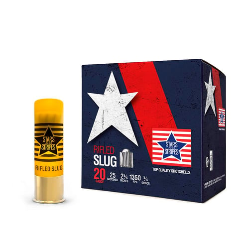 PPU Stars & Stripes Rifled Slug Shotshells 20ga 2-3/4' 3/4 ozoz 1350 fps Slug 25/ct