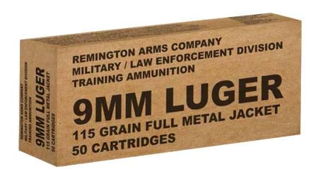 Remington B9MM3 Pistol Ammo 9MM FMJ, 115 Gr, 1145 fps, 50 Rnd, Boxed