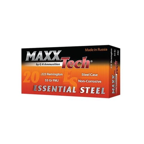 Maxxtech Essential Steel Rifle Ammunition .223 Rem 55 gr FMJ 3241 fps 1000/ct Case 5020rd Boxes | 810060961001