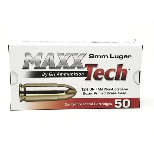 MAXXTech Handgun Ammunition 9mm Luger 124gr FMJ 1126 fps 500/ct Case of 10 50/ct Boxes | 3877000606993