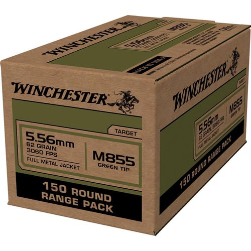 Winchester USA Lake City M855 Green Tip Rifle Ammunition 5.56mm 62 gr. FMJ 1255 fps 600/ct Case of 4-150 Boxes | 00020892228313