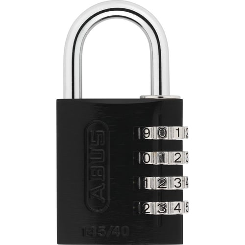ALUMCOMBO 145 145/40C ALUM BLK 4-DIALCombination Lock 145 4-Dial - Black - Individually resettable 4-digit code - Solid aluminum lock body with anodized coating - Corrosion resistant - Spring loaded shackle for a better setting of the opening code - Handy operationd shackle for a better setting of the opening code - Handy operation