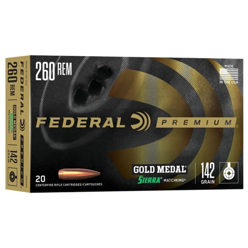 Federal GM260M Premium Gold Medal 260 Rem 142 gr 2750 fps Sierra MatchKing BTHP 20 Bx/10 Cs