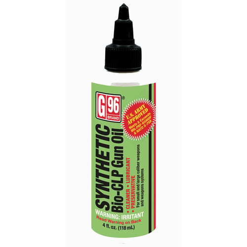 G96 SYNTHETIC BIO CLP GUN OIL 4 OZSynthetic Bio-CLP Gun Oil 4 oz  - Cleaner: Significantly improves clean up afterfiring. - Lubricant: Original tolerances will be maintained longer under extreme conditions. - Preservative: Unique combination of additives protects and bondse conditions. - Preservative: Unique combination of additives protects and bonds