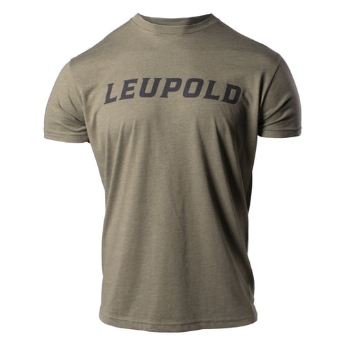 LEUPOLD WORDMARK TEE MILITARY GREEN LWordmark Tee Military Green - Large - Cotton Polyester Blend - Breathable Fabric- Side seams and reinforced shoulders help our tees maintain their shape and tailored fit, wash after washilored fit, wash after wash