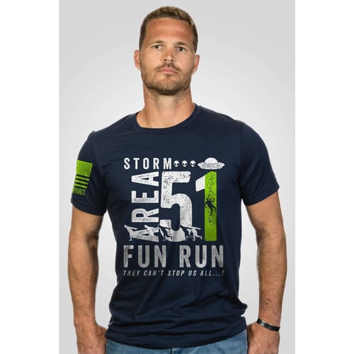 STORM AREA 51 FUN RUN MIDNIGHT NAVY SStorm Area 51 Fun Run T-Shirt Navy - Small - Front: Storm Area 51 Fun Run They can't stop us all...? - Right Sleeve: Nine Line Apparel Flag