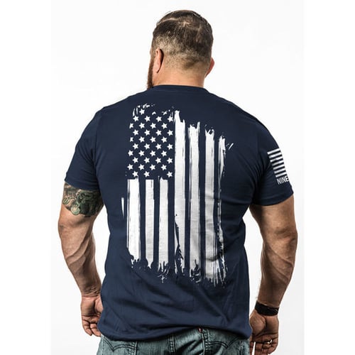 AMERICA-TSHIRT NAVY LARGEAmerica T-Shirt Navy - Large - Front: Drop Line - Right sleeve: Nine Line Apparel forward-assaulting flag - Back: Our beloved American flag