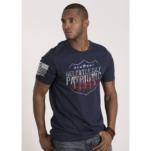 MENS TSHIRT RELENTLESSLY PATRIOTIC NVY SMens Relentlessly Patriotic TShirt Midnight Navy  Small  Front RelentlesslyPatriotic  Right Sleeve Nine Line Apparel Flag | 190741034980