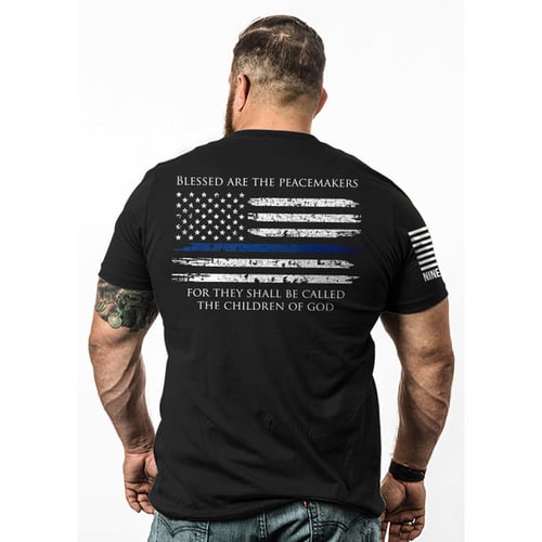 THIN BLUE LINE-TSHIRT BLACK SMALLThin Blue Line Men's T-Shirt Black - Small - Made of Cotton - Blessed Are The Peacemakers For They Shall Be Called The Children Of God Blue Line graphic on back - Flag on Right Sleeve- Flag on Right Sleeve