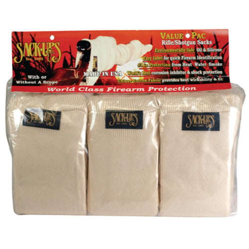 VALU-PAC 6 BAGS SAFE/NATURALValu-Pac 6 Rifle Gun Sacks - Safe/Natural - Silicone Treated White - Protects firearms & other valuable gear against rust, dirt and scratches - The cotton's natural wicking ability continually draws moisture off making them ideal for year rural wicking ability continually draws moisture off making them ideal for year round storageound storage