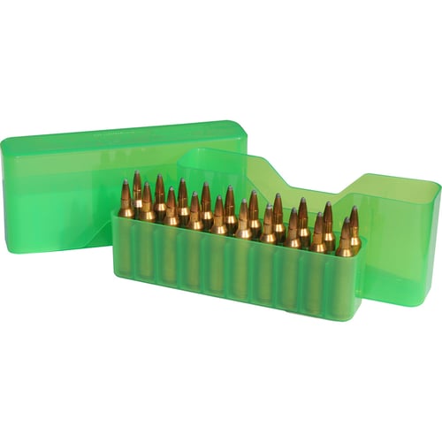 SLIP-TOP AMMO BOX 20RD 223 REM CLR GRN20 Round Slip-Top Cartridge Box 17/221/222/223 Rem., 207 Rug., 222 Rem. Mag., 6x47 - Clear Green Designed to keep 2 rounds secure in a jacket or shirt pocket - Offer a great way to keep special loads separateOffer a great way to keep special loads separate