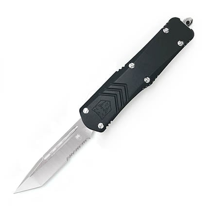 FSX - Large Black - Tanto Serrated CNC Black Aluminum Chassis; Satin D2 Blade OTF - Out The Front Knife; Cobratec