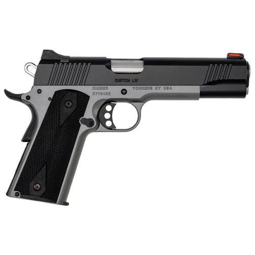 Kimber Custom LW Shadow Ghost 45ACP Black/Stainless; Red fiber optic front sight, white dot rear sight, Match grade stainless barrel, Blackout small parts, Black double diamond checker rubber grips; 8rd mag