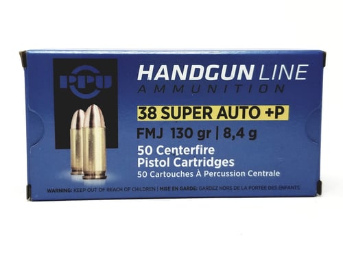 PPU .38 SUPER AUTO FMJ 130GRP 50RD BOX 10 BOXES PER CASE | 860500381311