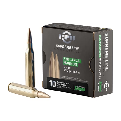 PPU .338 LAPUA MAGNUM SUPR HPBT 250G 10 RD BOX 20 BOXES PER CASE | 860500382109