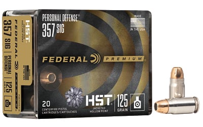 PREM 357 SIG 125GR HST JHP 20/BXPersonal Defense Ammunition 357 Sig - 125 GR - HST JHP - 1360 FPS - 20/BX - Specially designed hollow point expands reliably through a variety of barriers - Expanded diameter and weight retention produce the desired penetration for personalanded diameter and weight retention produce the desired penetration for personal defensedefense