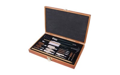 Outers 70082 Universal Cleaning Kit Brass 28pc Wood Box .22Cal & Up