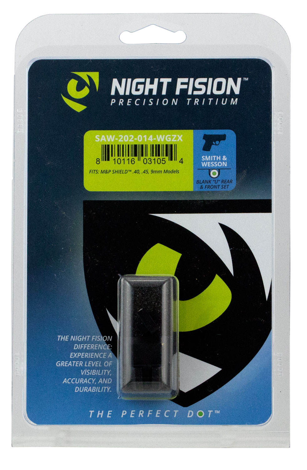 Night Fision SAW202014WGZ Night Sight Set Square Front/U-Notch Rear S&W M&P Shield Green Tritium w/White Outline   Black