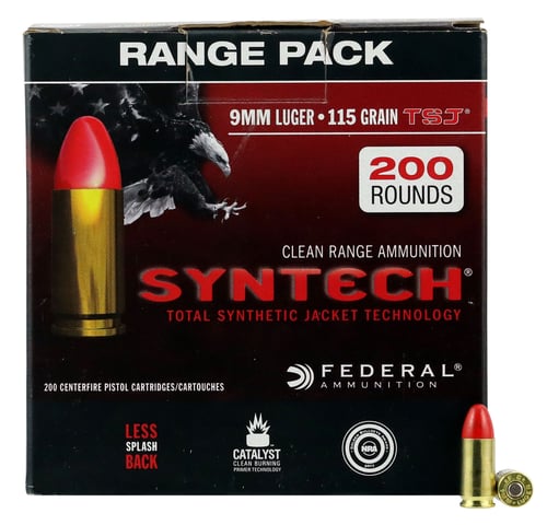 Federal AE9SJ1200 American Eagle Syntech 
9mm Luger 115 GR Total Synthetic Jacket Round Nose 200 Bx/ 5 Cs