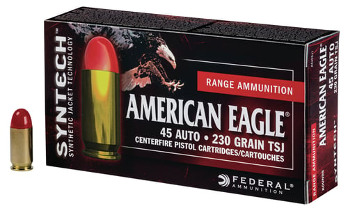 Federal AE45SJ1200 American Eagle Syntech 
45 Automatic Colt Pistol (ACP) 230 GR Total Synthetic Jacket Round Nose 200 Bx/ 5 Cs