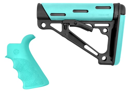 Hogue 13455 OverMolded 2-Piece Kit Collapsible Aqua OverMolded Rubber Black & Aqua Rubber Grip for AR15, M16 with Commercial Tube (Tube Not Included)