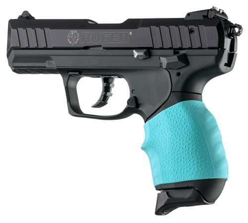 Hogue 18004 HandAll Jr. Grip Sleeve Small Size made of Rubber with Textured Aqua Blue Finish & Finger Groove for Most 22, 25 & 38 Pistols